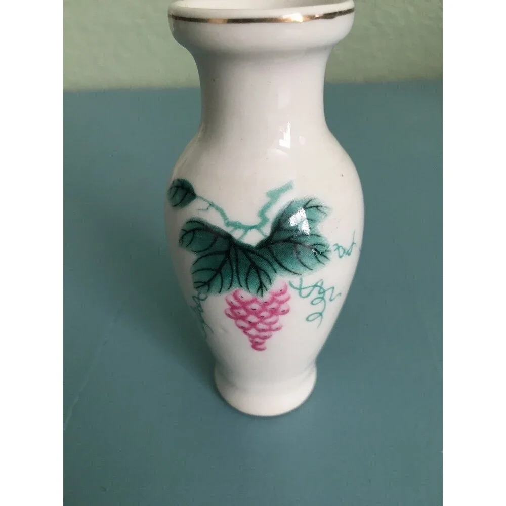 2-Vintage Made in China Pink Green Flowers Ceramic Pottery Vases 3 3/4